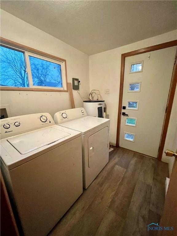 laundry area with dark hardwood / wood-style flooring, electric water heater, and washing machine and clothes dryer