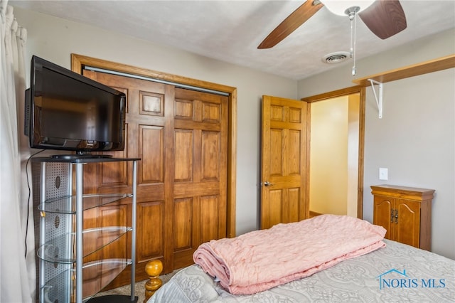 bedroom with ceiling fan and a closet