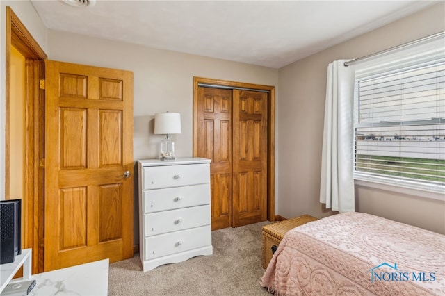 bedroom featuring light colored carpet and a closet