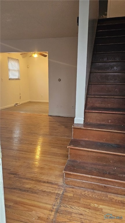 staircase with hardwood / wood-style flooring