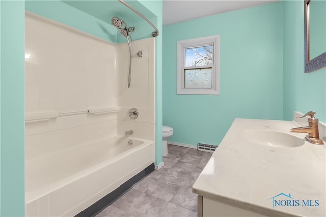 full bathroom featuring shower / bathing tub combination, vanity, toilet, and baseboard heating