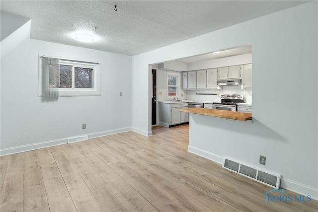 kitchen with gray cabinetry, stainless steel electric range, wooden counters, light wood-type flooring, and a textured ceiling