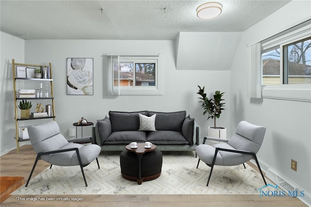 living room featuring wood-type flooring and a textured ceiling