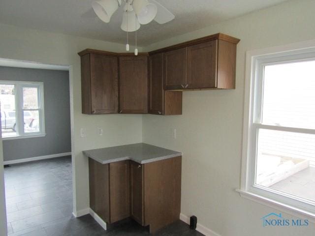 kitchen featuring ceiling fan and dark wood-type flooring