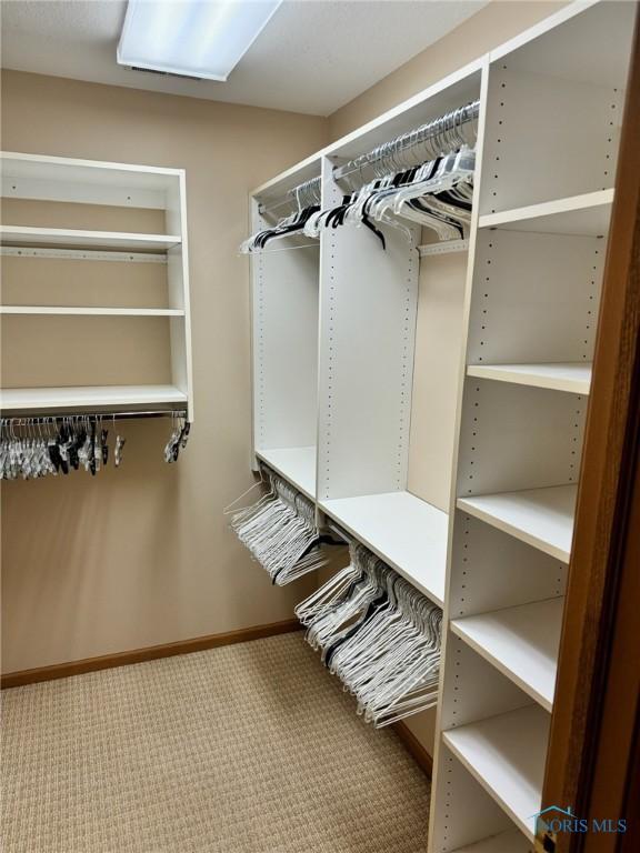 walk in closet featuring light colored carpet