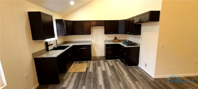 kitchen featuring high vaulted ceiling, sink, dark hardwood / wood-style floors, light stone countertops, and dark brown cabinets