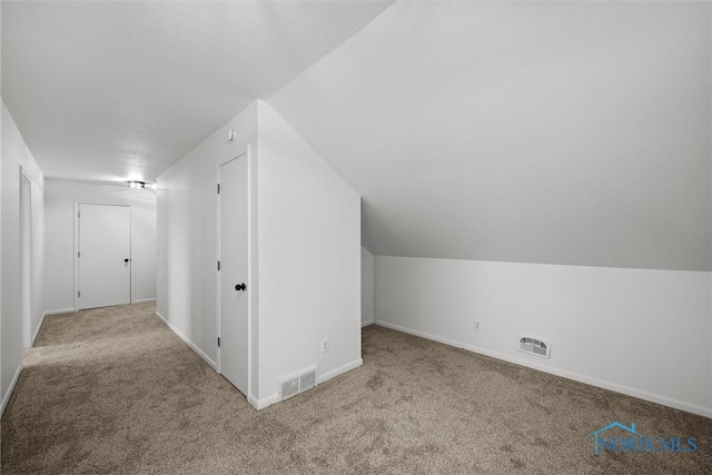 additional living space with light colored carpet and vaulted ceiling