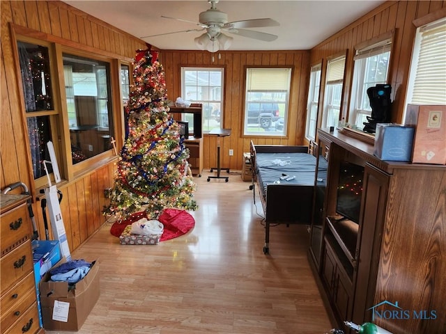 interior space with ceiling fan, wooden walls, and light hardwood / wood-style flooring