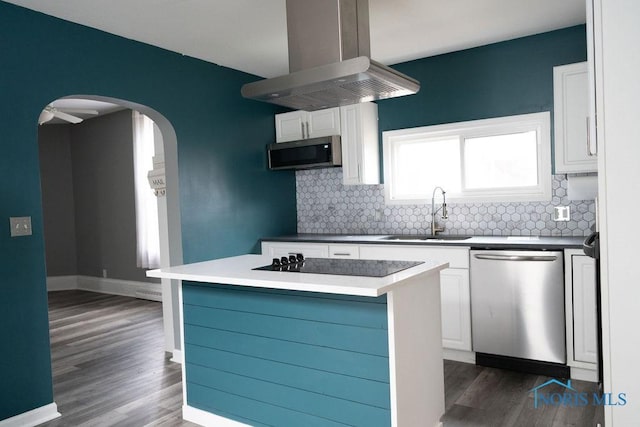 kitchen featuring white cabinets, sink, a kitchen island, island range hood, and stainless steel appliances