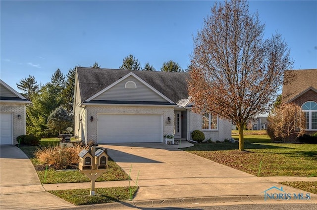 single story home with a front yard and a garage