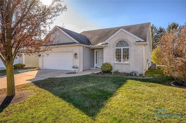 ranch-style house with central AC unit, a garage, and a front lawn