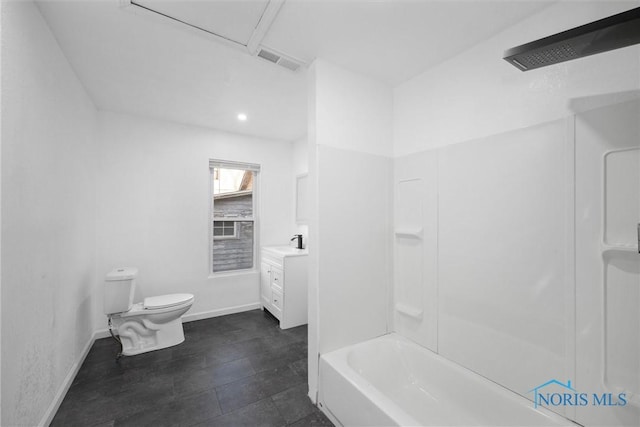 full bathroom featuring vanity,  shower combination, and toilet