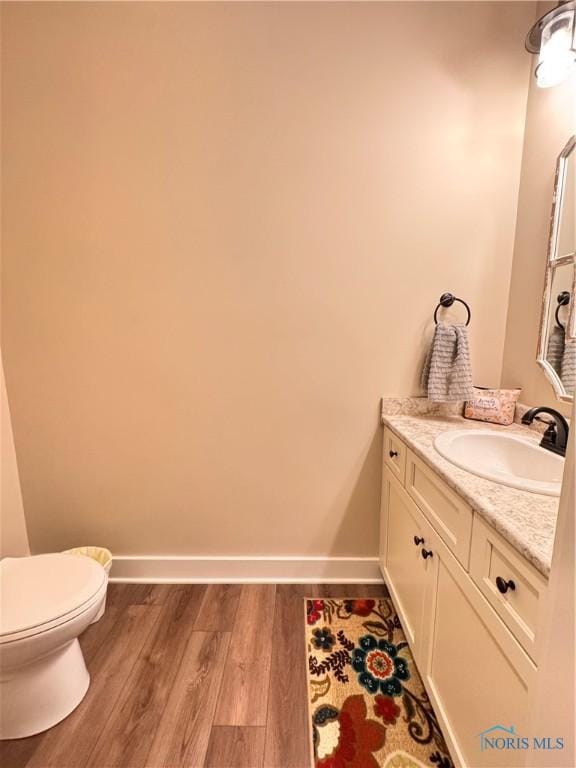 bathroom with vanity, hardwood / wood-style flooring, and toilet