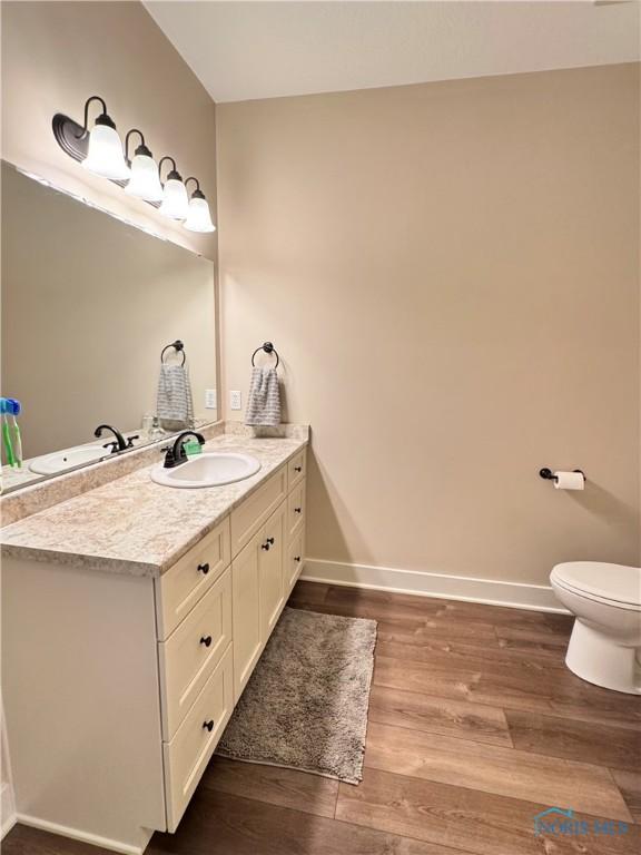 bathroom with vanity, wood-type flooring, and toilet