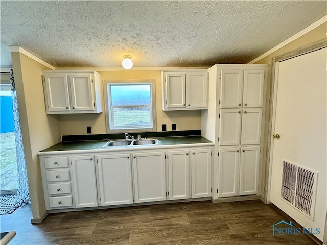 kitchen with dark hardwood / wood-style flooring, white cabinetry, sink, and ornamental molding