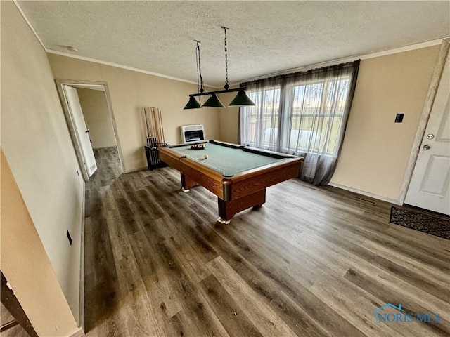 recreation room featuring ornamental molding, wood-type flooring, a textured ceiling, and billiards