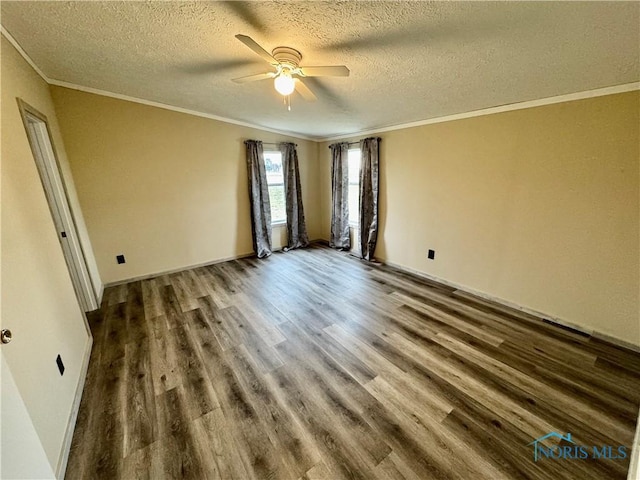 empty room with hardwood / wood-style floors, a textured ceiling, ceiling fan, and ornamental molding