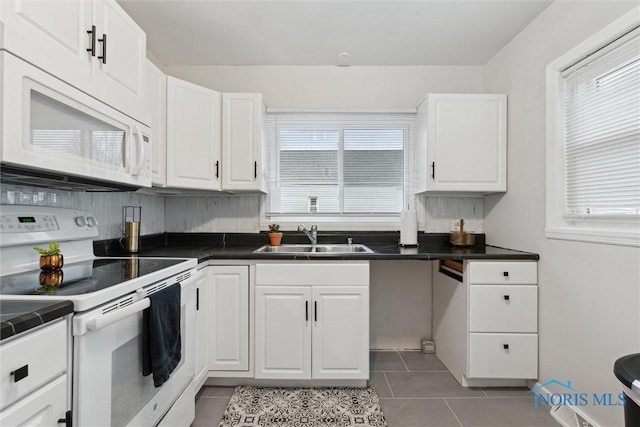 kitchen featuring white cabinets, white appliances, tile patterned floors, and sink