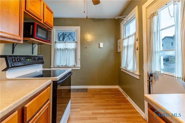 kitchen featuring ceiling fan, range with electric stovetop, and light hardwood / wood-style flooring