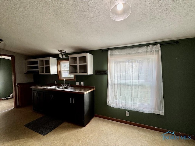 kitchen with a textured ceiling, light colored carpet, and sink