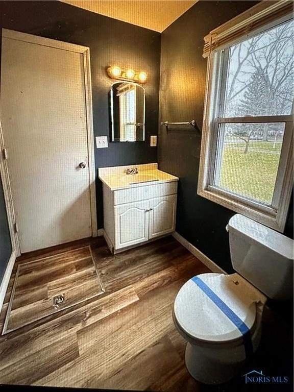 bathroom featuring hardwood / wood-style flooring, vanity, and toilet