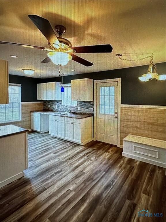 kitchen with ceiling fan, a healthy amount of sunlight, decorative backsplash, and dark wood-type flooring