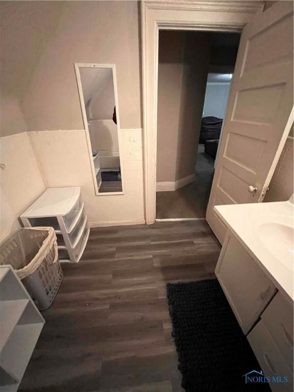 bathroom featuring a bath, vanity, and wood-type flooring