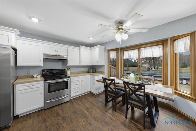 kitchen with white cabinetry, ceiling fan, stainless steel appliances, and dark hardwood / wood-style floors