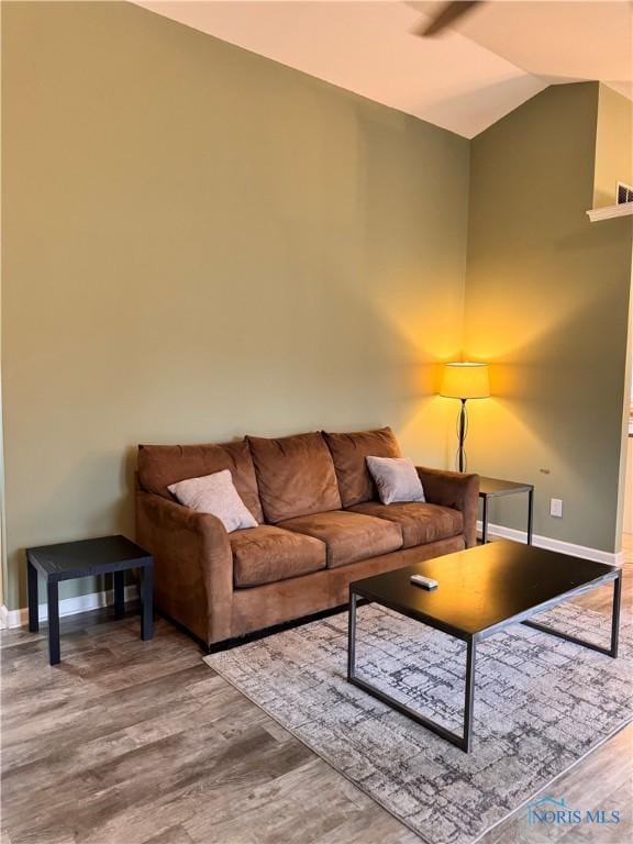 living room featuring wood-type flooring and vaulted ceiling