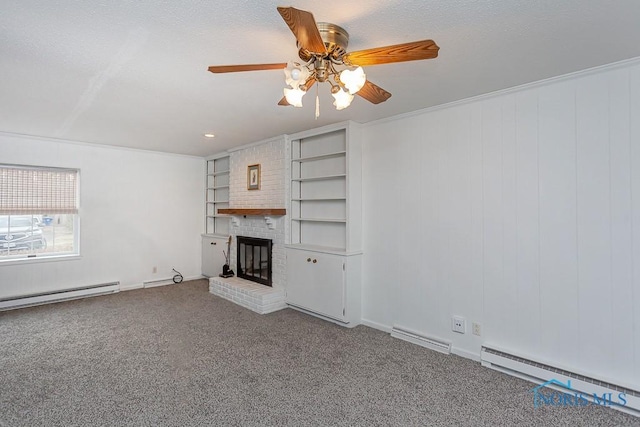 unfurnished living room with ceiling fan, carpet floors, a fireplace, and a baseboard heating unit