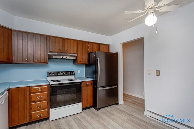 kitchen featuring ceiling fan, light hardwood / wood-style floors, white appliances, and a baseboard radiator