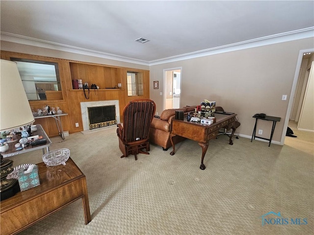 living room with light carpet and crown molding