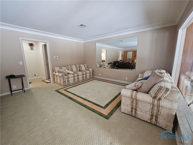 living room with carpet floors and ornamental molding