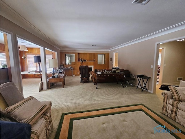 carpeted living room featuring crown molding