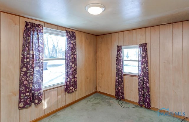 carpeted spare room featuring wooden walls