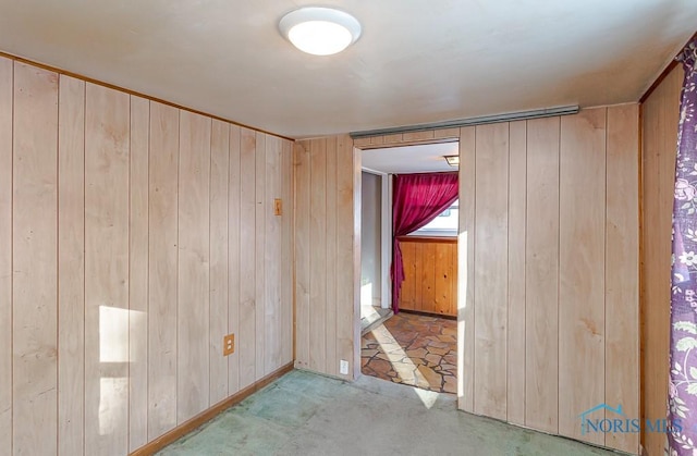 spare room with light colored carpet and wood walls