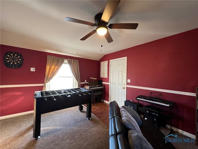 playroom featuring ceiling fan and vaulted ceiling