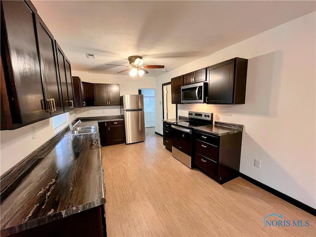 kitchen with sink, ceiling fan, light hardwood / wood-style floors, dark brown cabinetry, and stainless steel appliances