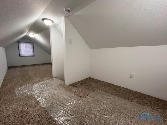 additional living space with a textured ceiling, carpet flooring, and vaulted ceiling