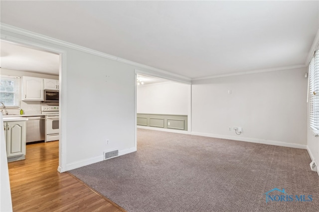 carpeted spare room with crown molding and sink