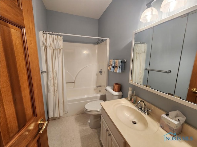 full bathroom with vanity, shower / bathtub combination with curtain, and toilet