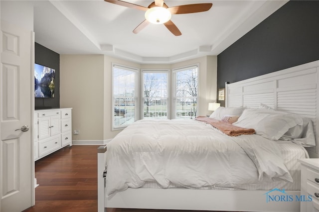 bedroom with a tray ceiling, ceiling fan, and dark hardwood / wood-style floors