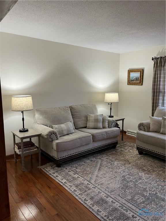 living room featuring dark wood-type flooring and a textured ceiling