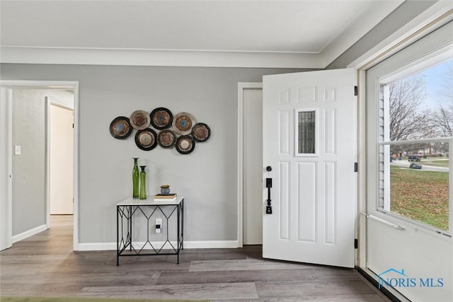 entryway with wood-type flooring and crown molding