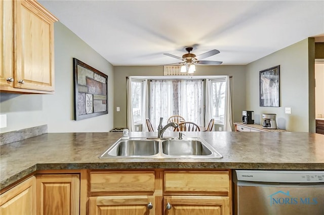 kitchen featuring light brown cabinets, sink, stainless steel dishwasher, ceiling fan, and kitchen peninsula