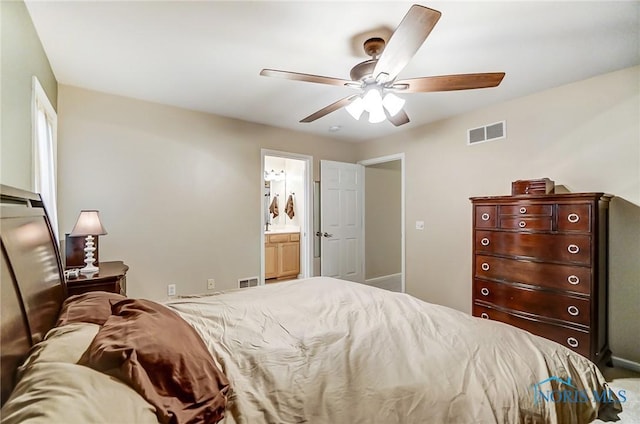 bedroom featuring ceiling fan and ensuite bathroom