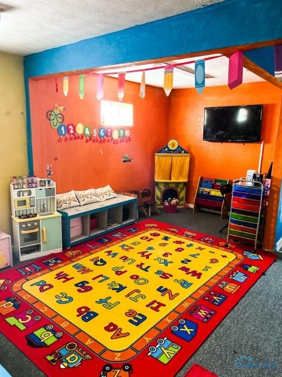 recreation room with a textured ceiling and carpet