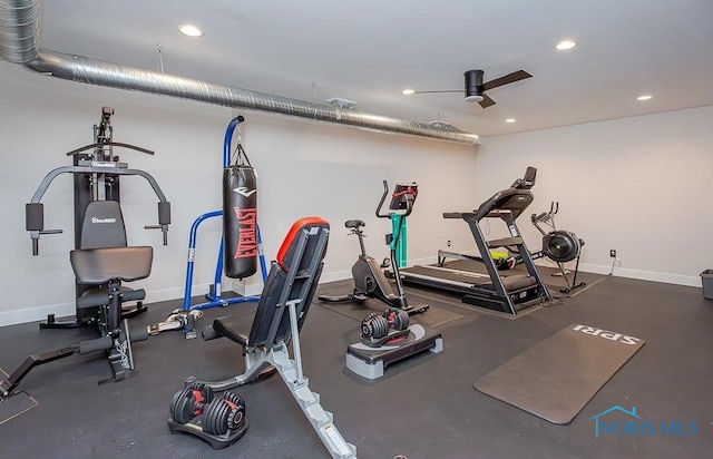 workout room with ceiling fan