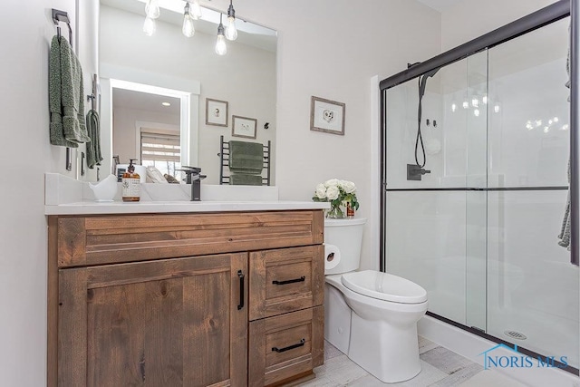 bathroom with vanity, an enclosed shower, and toilet