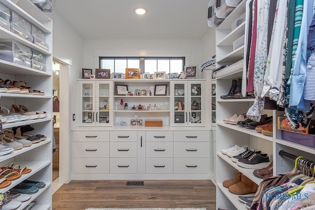 walk in closet featuring dark wood-type flooring